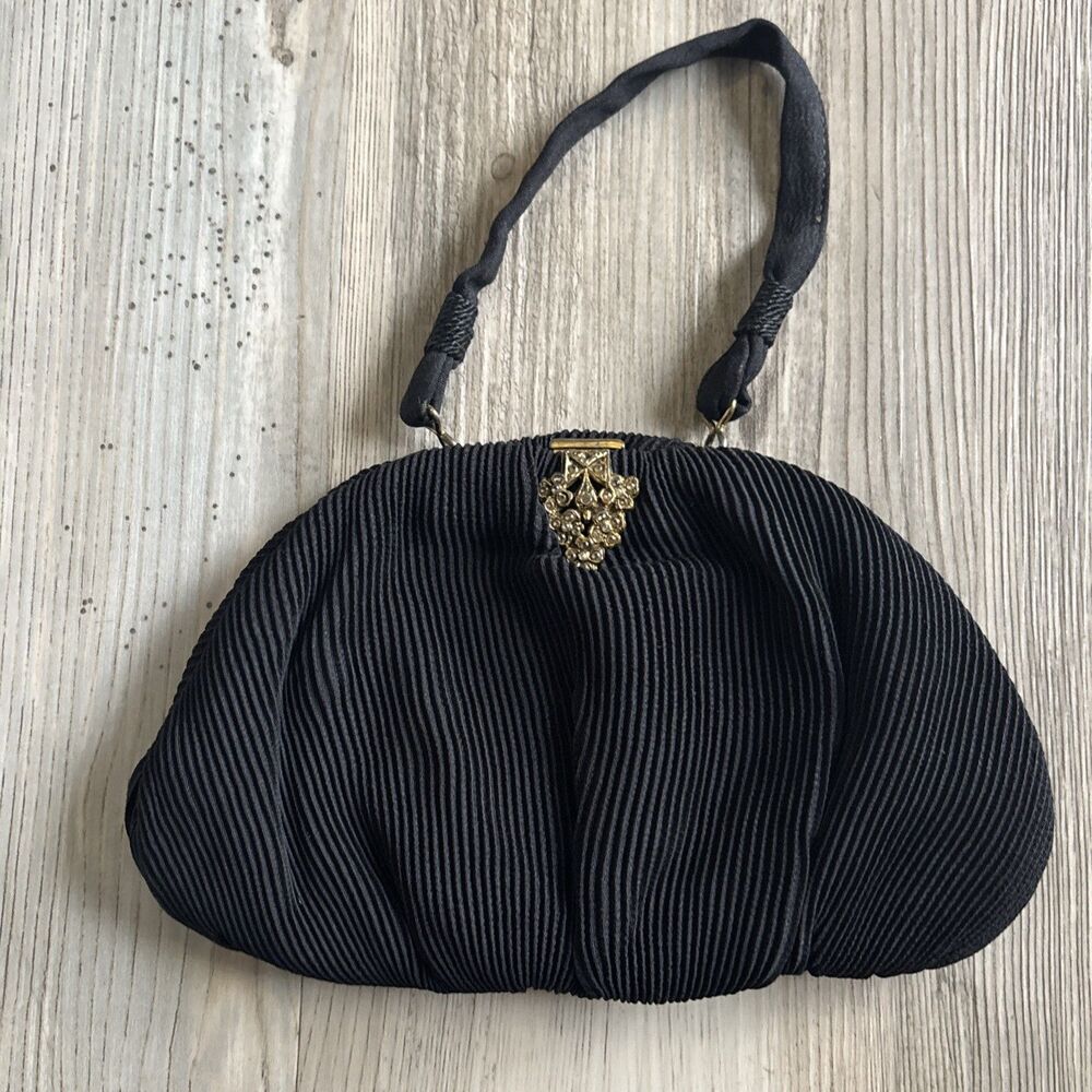 VINTAGE CHARLET Victorian  Black Fabric Purse w Jeweled Clasp  - Made In The USA
